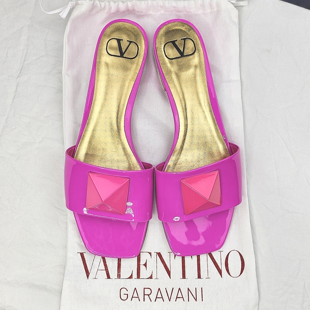 Valentino Garavani Fuchsia Slide Sandals with Gold Insole